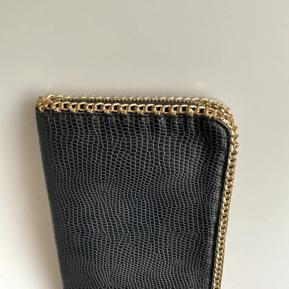 BLACK FAUX  SNAKE SKIN CLUTCH PURSE WITH  GOLD CHAIN DETAIL